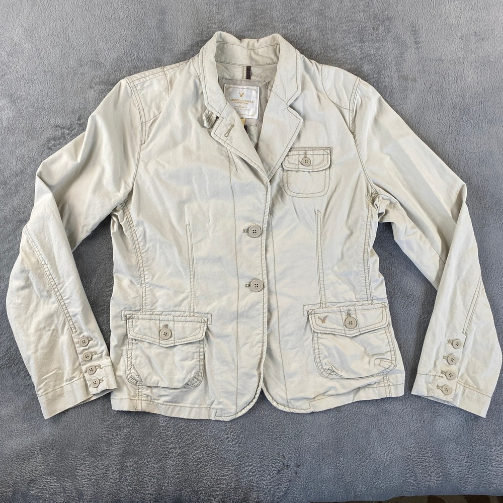 American Eagle Utility Jacket Womens M Beige Khaki Cotton Cargo Y2k Vintage